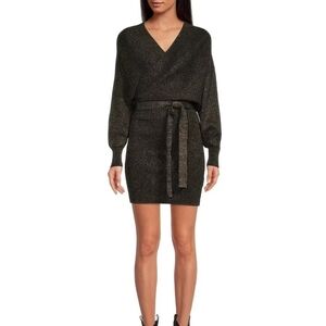 Gianni Bini Alston Metallic Tie Waist Sweater Dress Black Silver Size Large NWT
